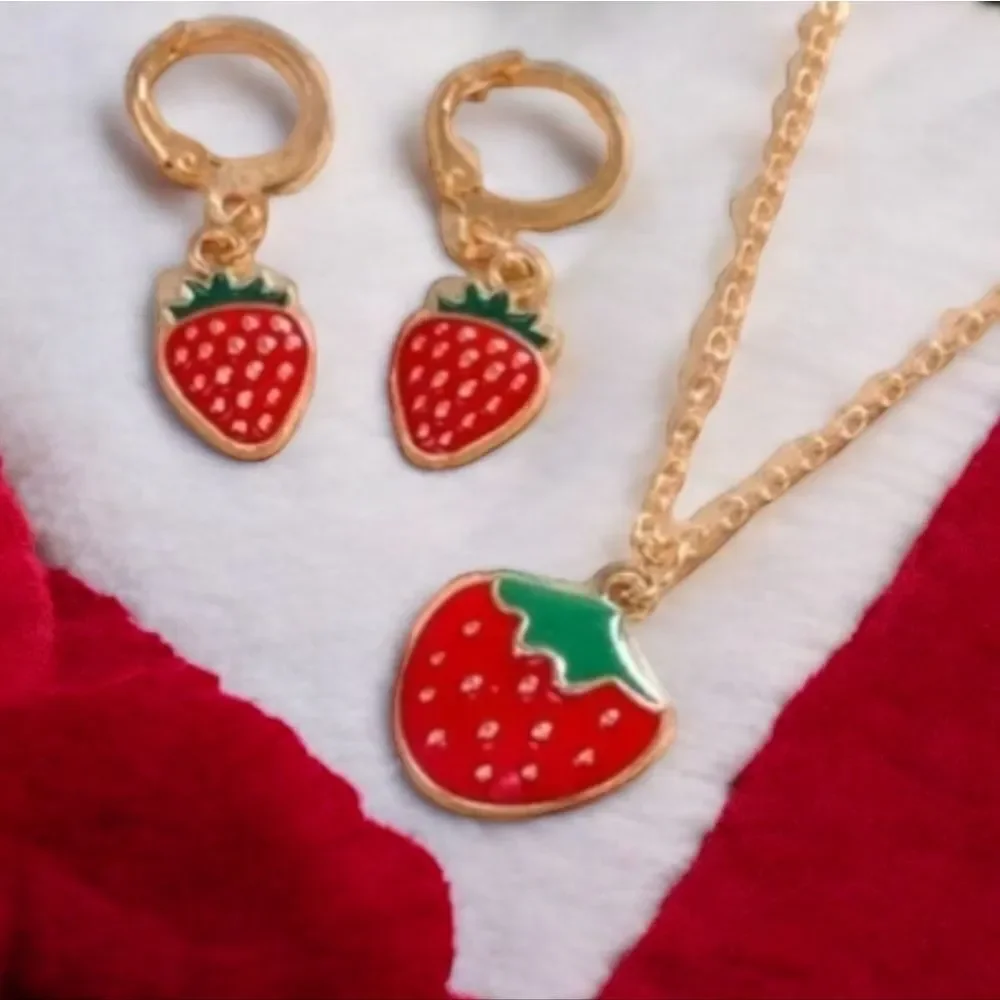 Girls Red Seeded Strawberry Jewelry Set Necklace Pierced Earrings Leverback Hoop